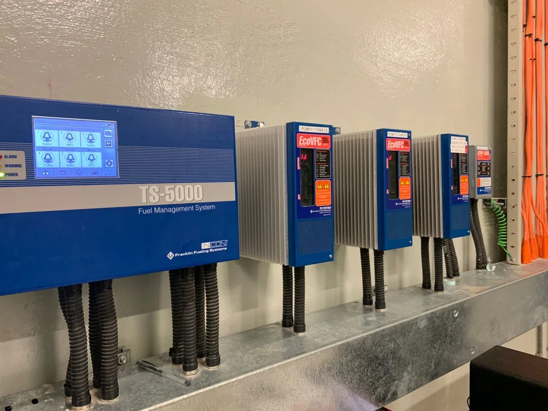 Franklin Fueling TS-5000 tank gauging panel with EcoVFC pump controllers installed by POWER