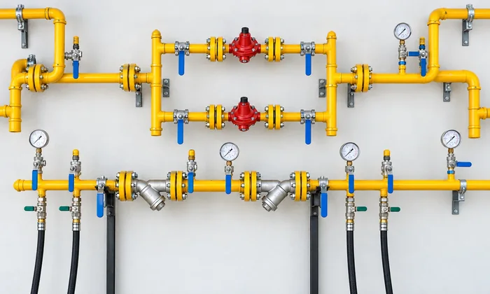 LPG distribution manifold with regulators, valves and pressure gauges
